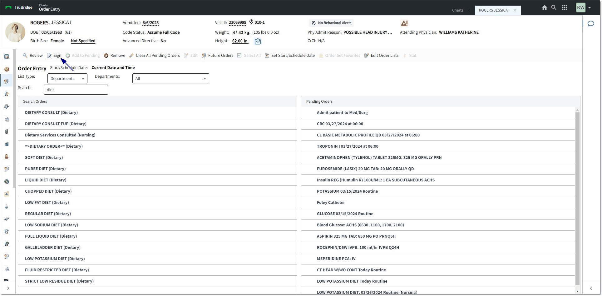 sign from order entry web client