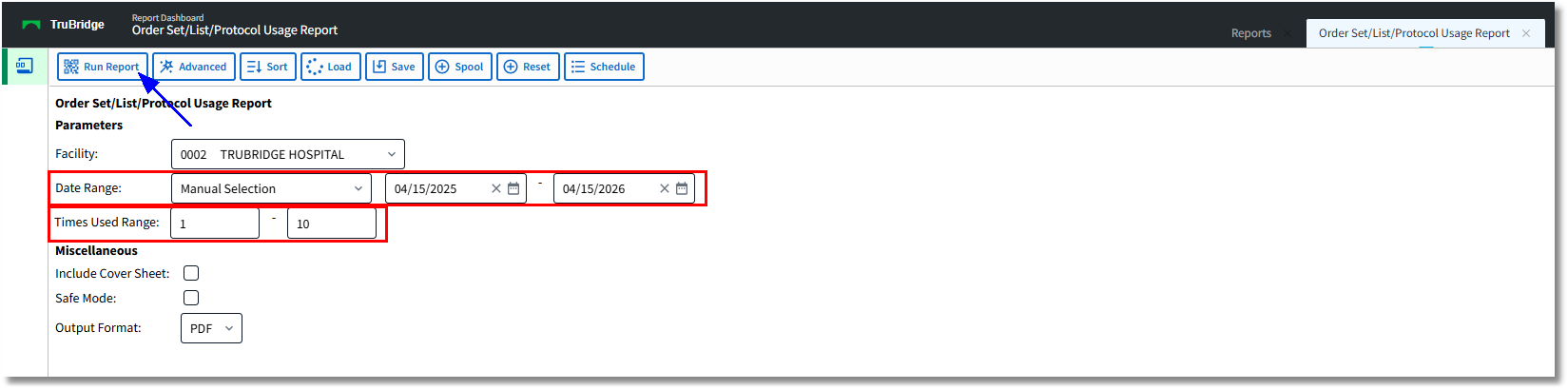 order set list protocol usage report screen
