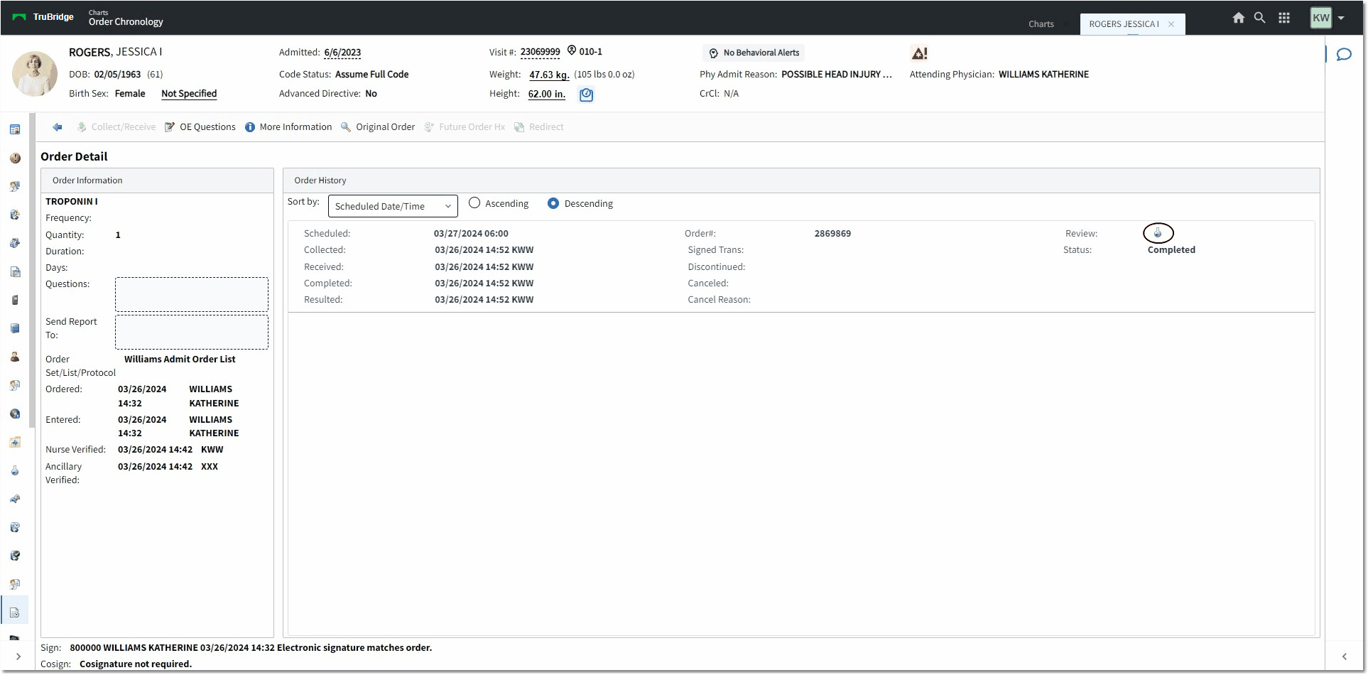 order chronology ancillary 2 web client
