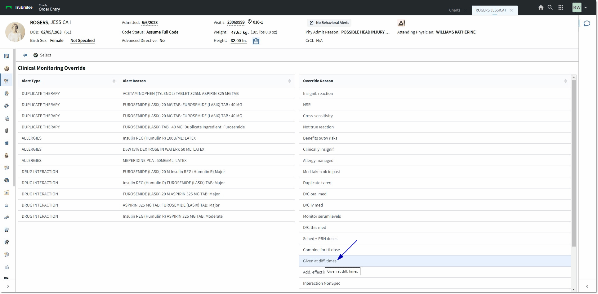 clinical monitoring override reason web client