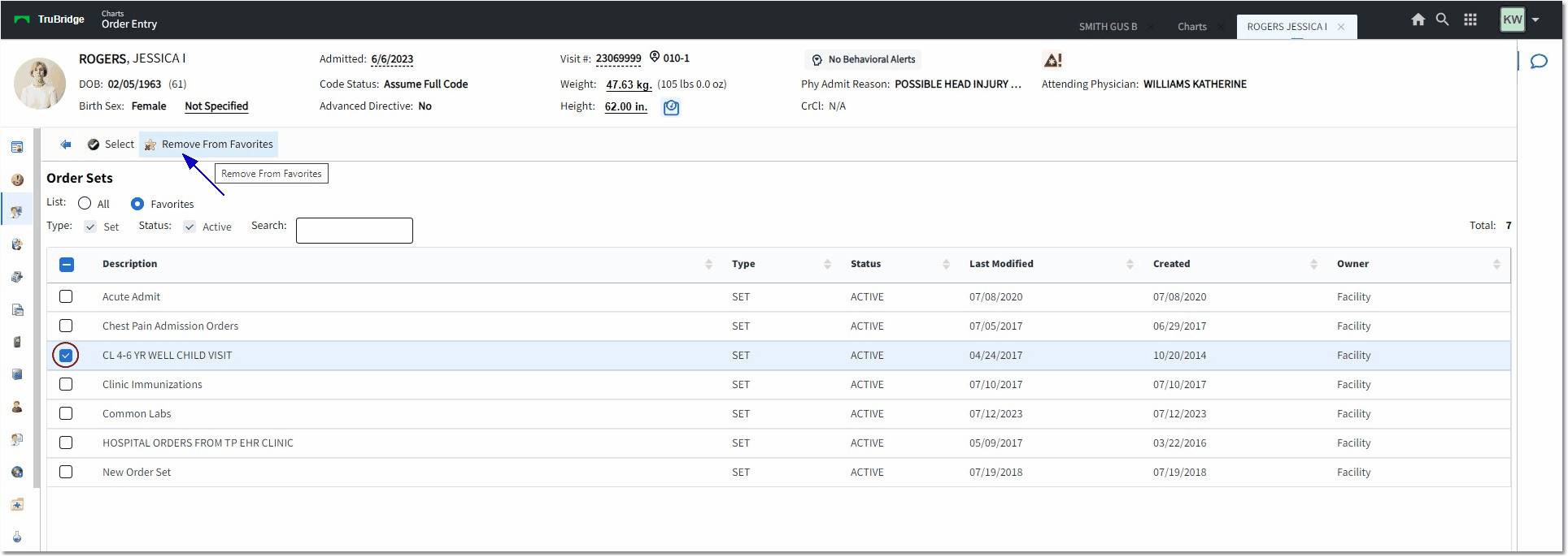 order set favorites remove web client