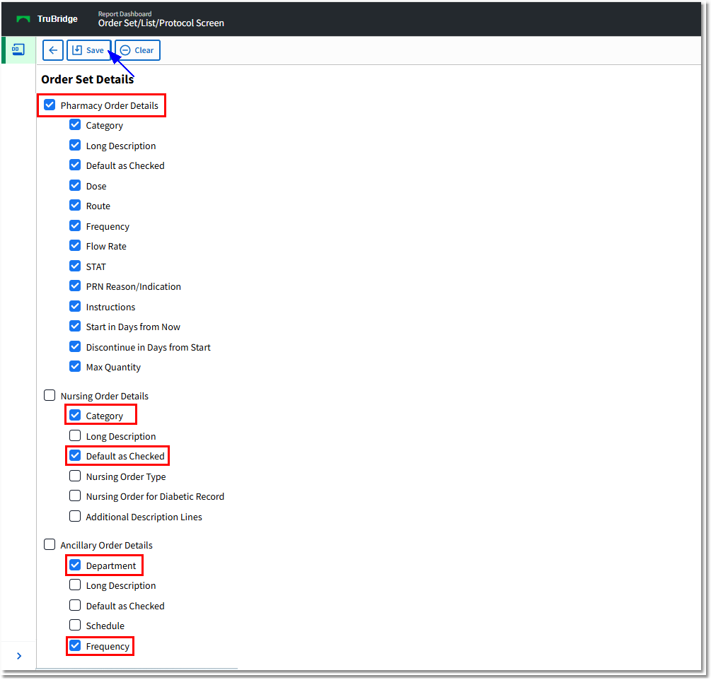 order set list protocol screen select details