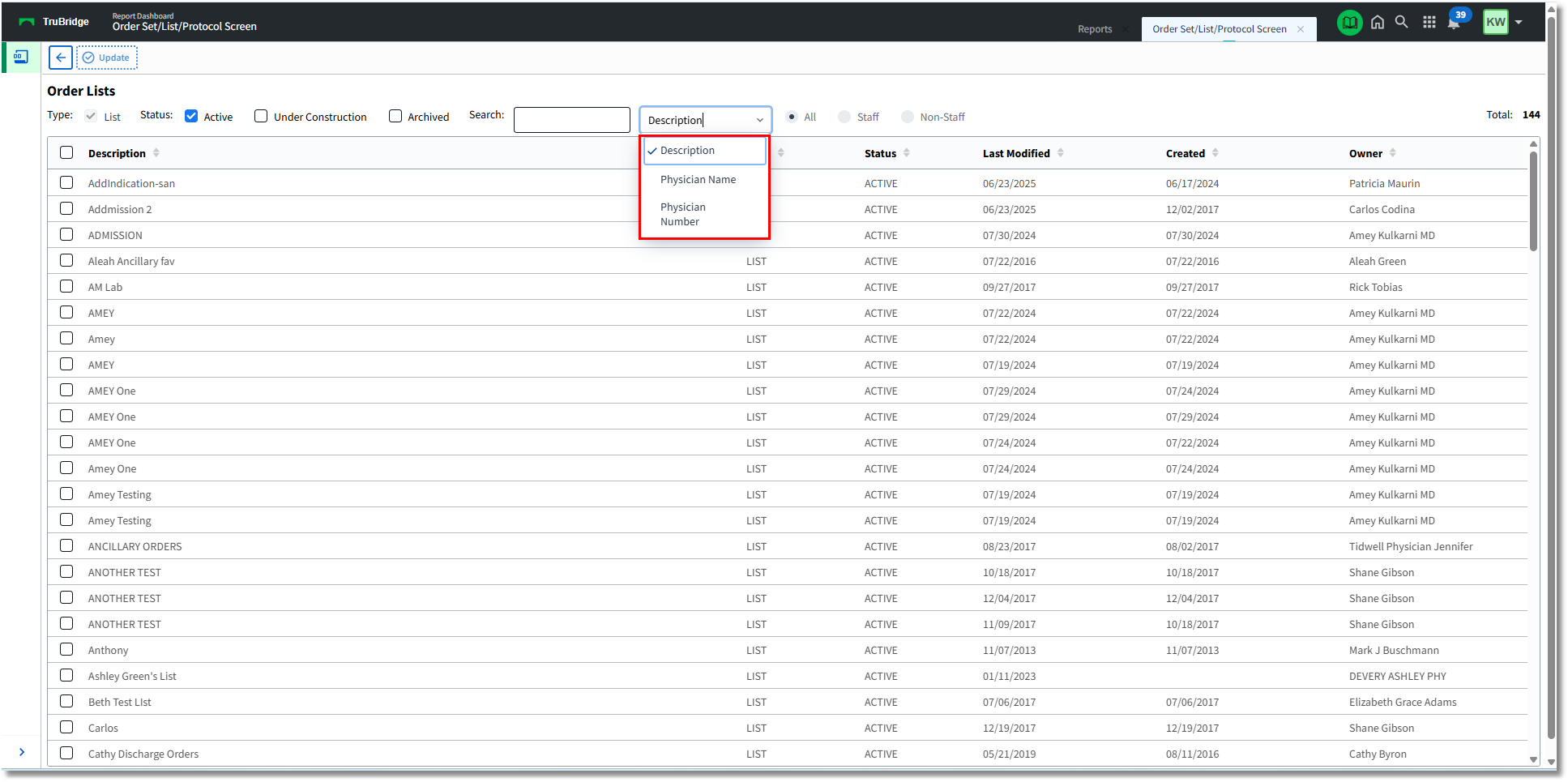 order set list protocol screen 4 physician list