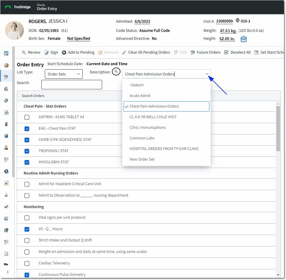 order set favorite select web client