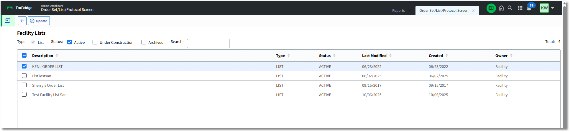 order set list protocol screen 5 facility list