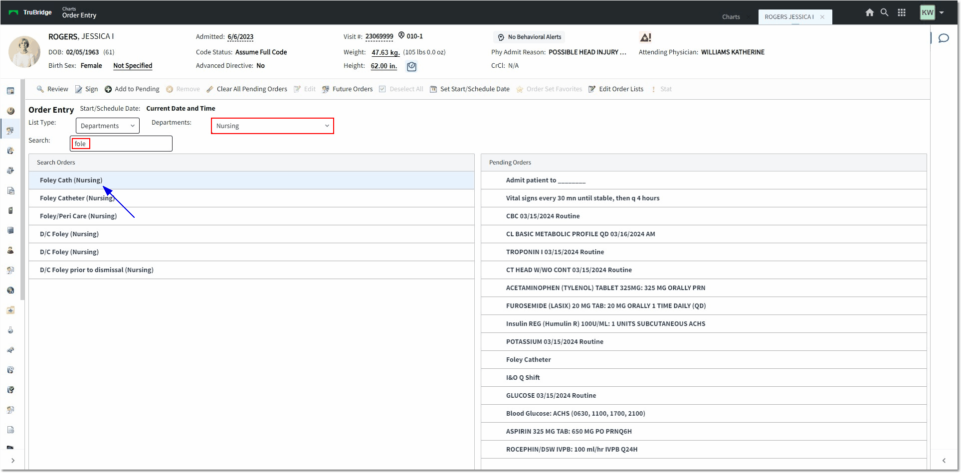 nursing order select web client
