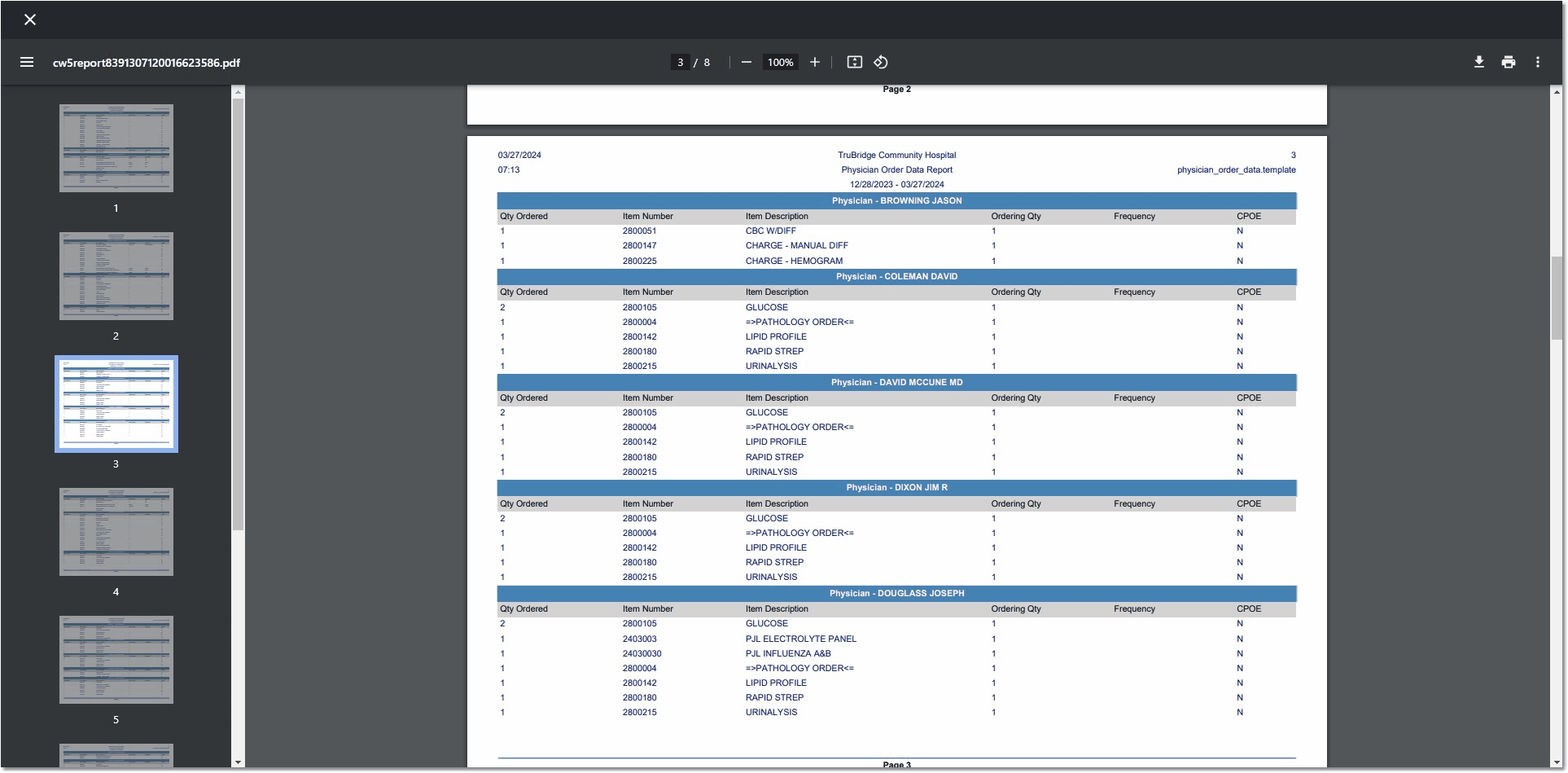 physician order data report