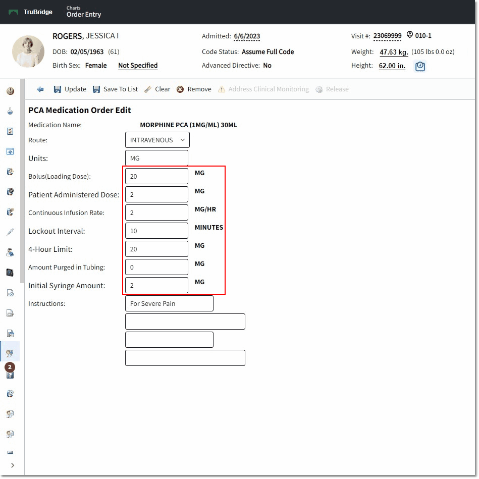 pca medication order edit web client