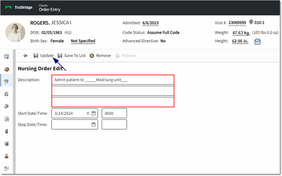 admit nursing order edit 2 web client