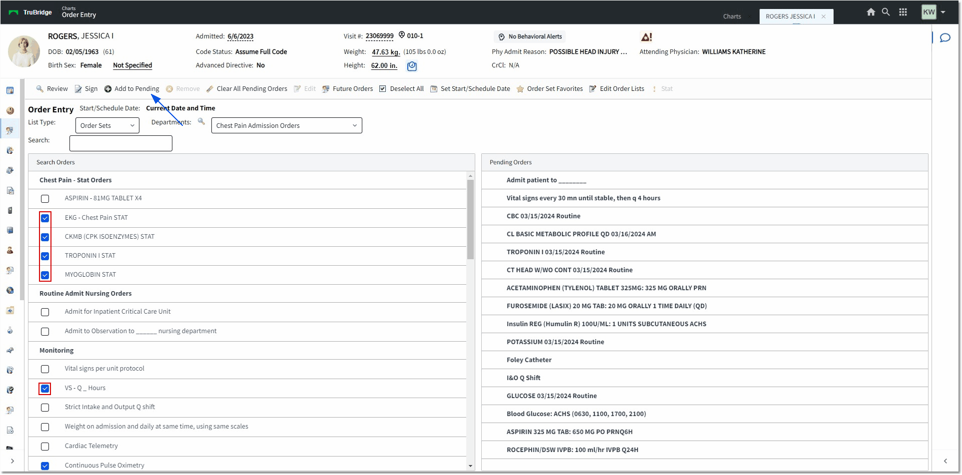 order set add to pending web client