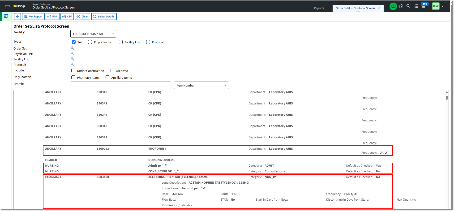 order set list protocol screen with detail