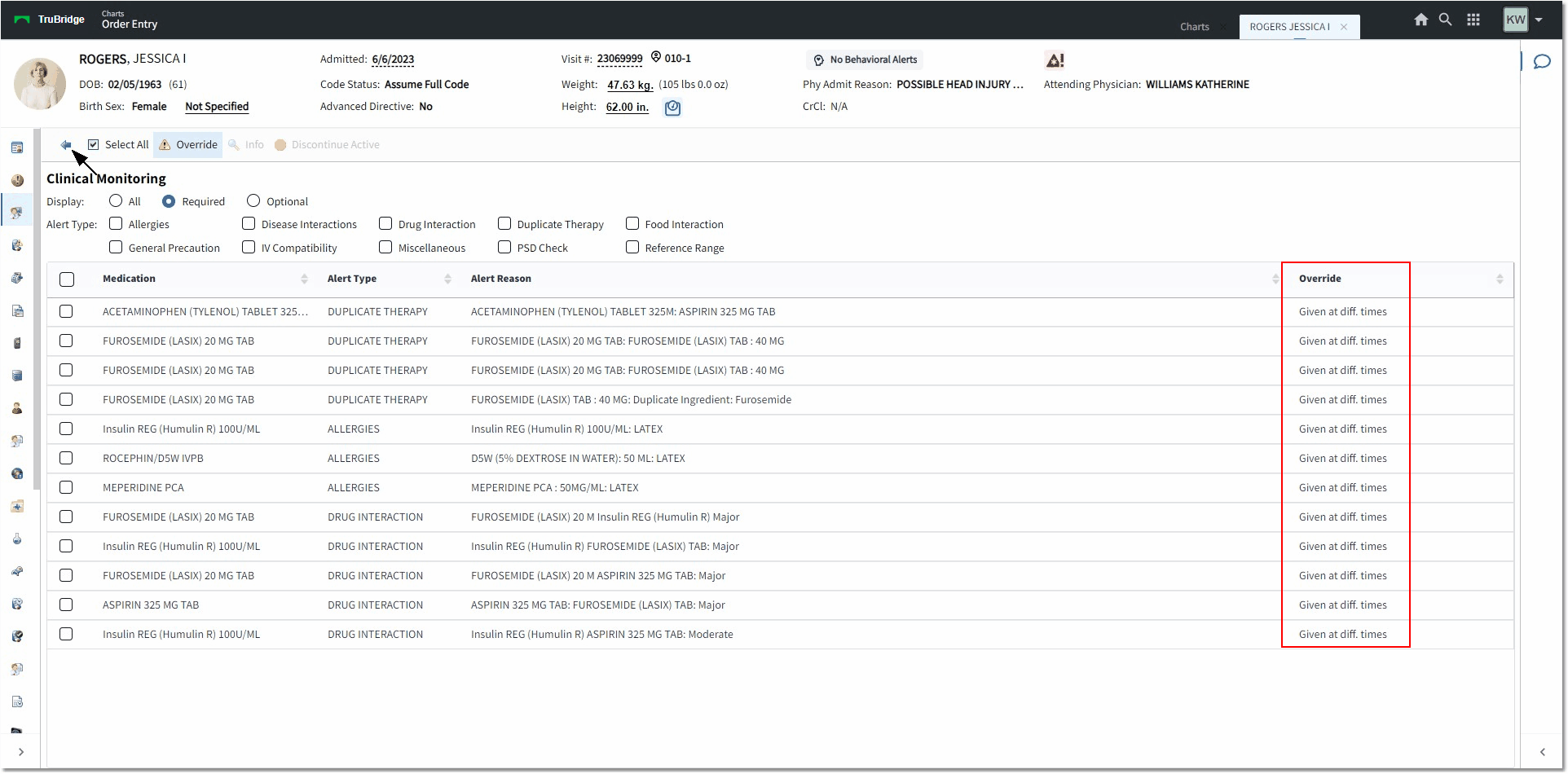 clinical monitoring override reason 2 web client