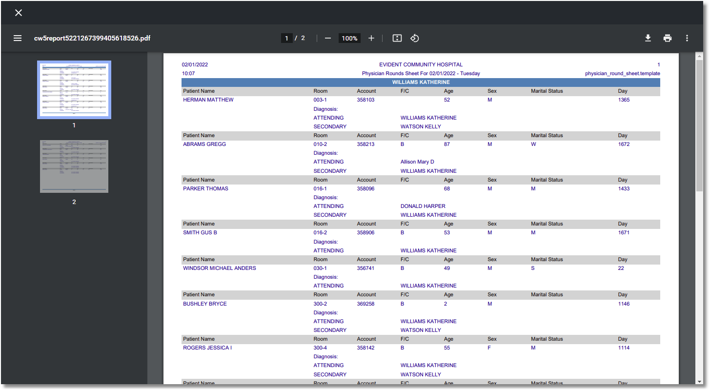 physician round sheet report web client