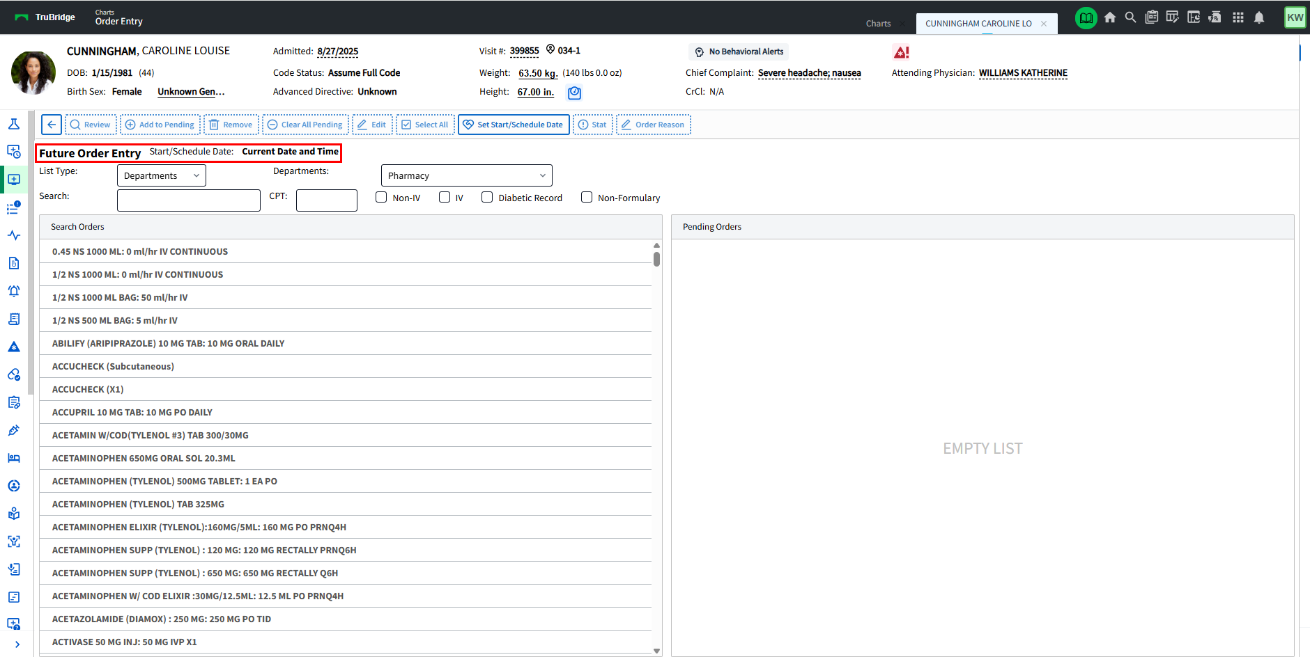 future order entry main screen