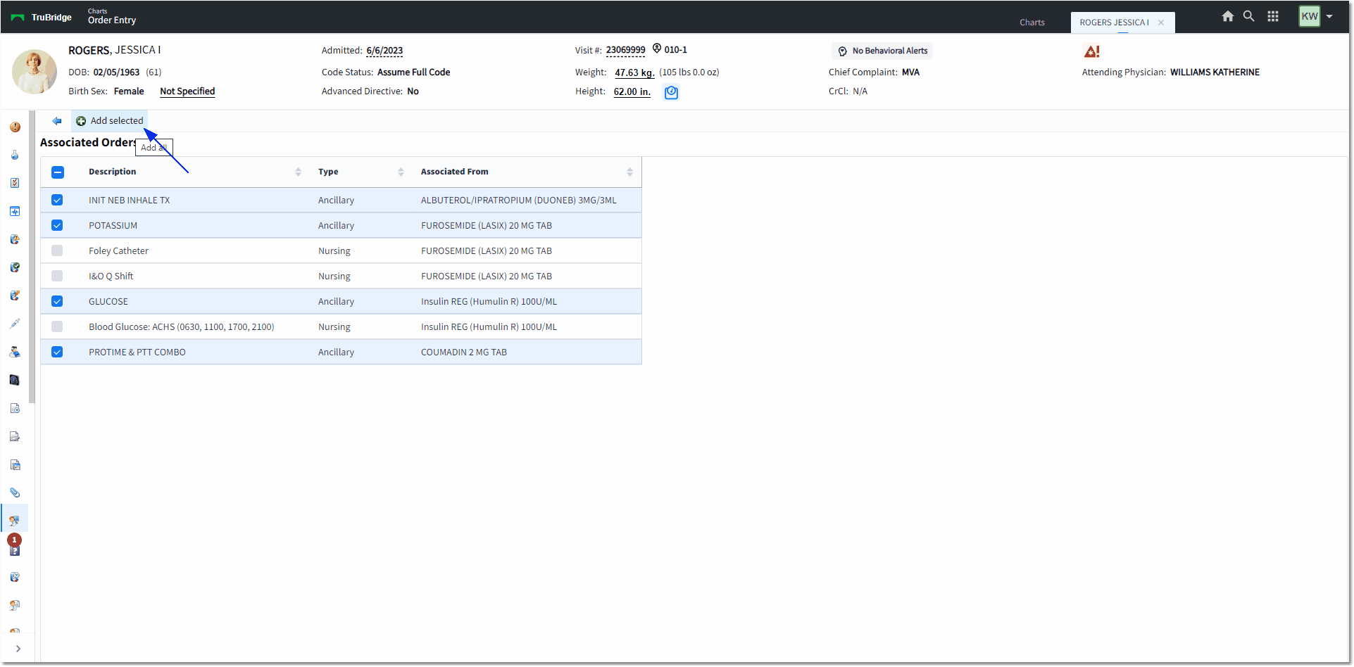 associated orders web client add selected