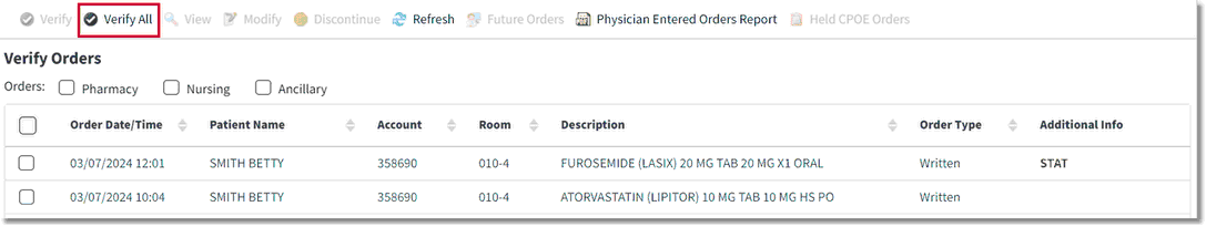 Verify Orders Screen