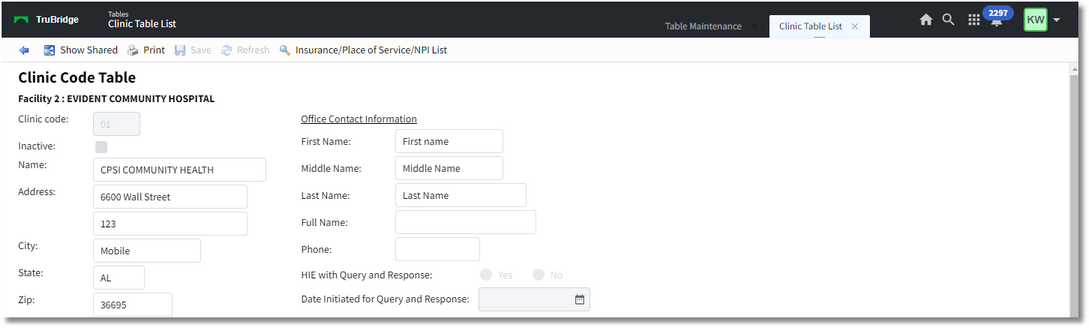 clinic code table