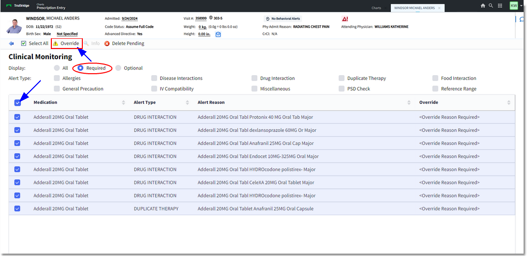 clinical monitoring override screen
