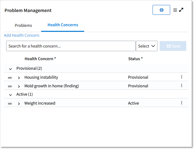 Cards > Specialty Cards > Problem Management > Health Concerns Tab